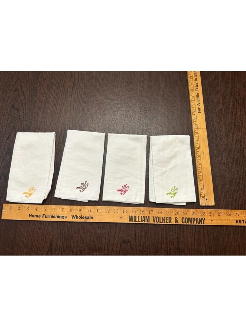 4 Bird Hand Towels Yellow Brown Red Green Stamped
